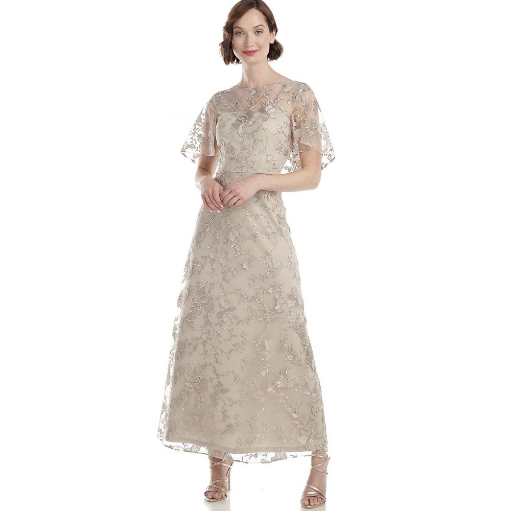 JS Collections Women's Marguerite Ankle Gown Size 10 Sand Lace Cape Shawl